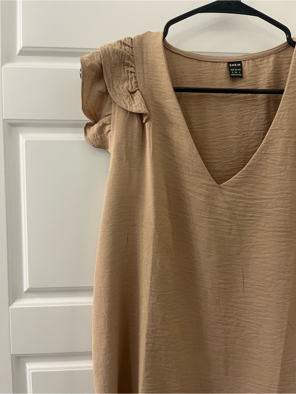 SHEIN Tan V-Neck Ruffle Short Sleeve blouse Top